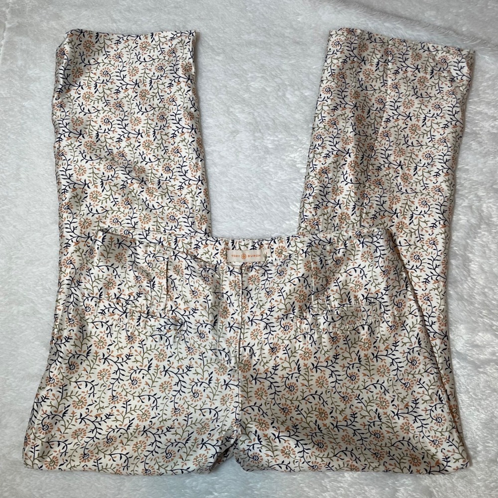 Tory Burch Floral Silk Trousers Cream Straight Leg Pants Size 4 Luxury Classic